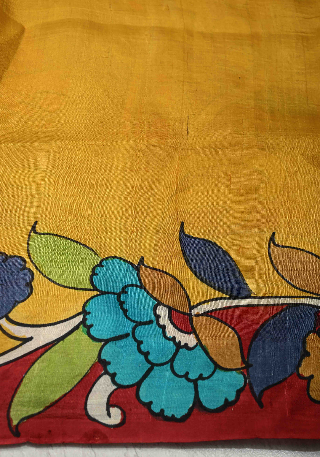 Deep Red Pure Handloom Silk saree with Hand Painted Kalamkari Design with Lace Border | SILK MARK CERTIFIED