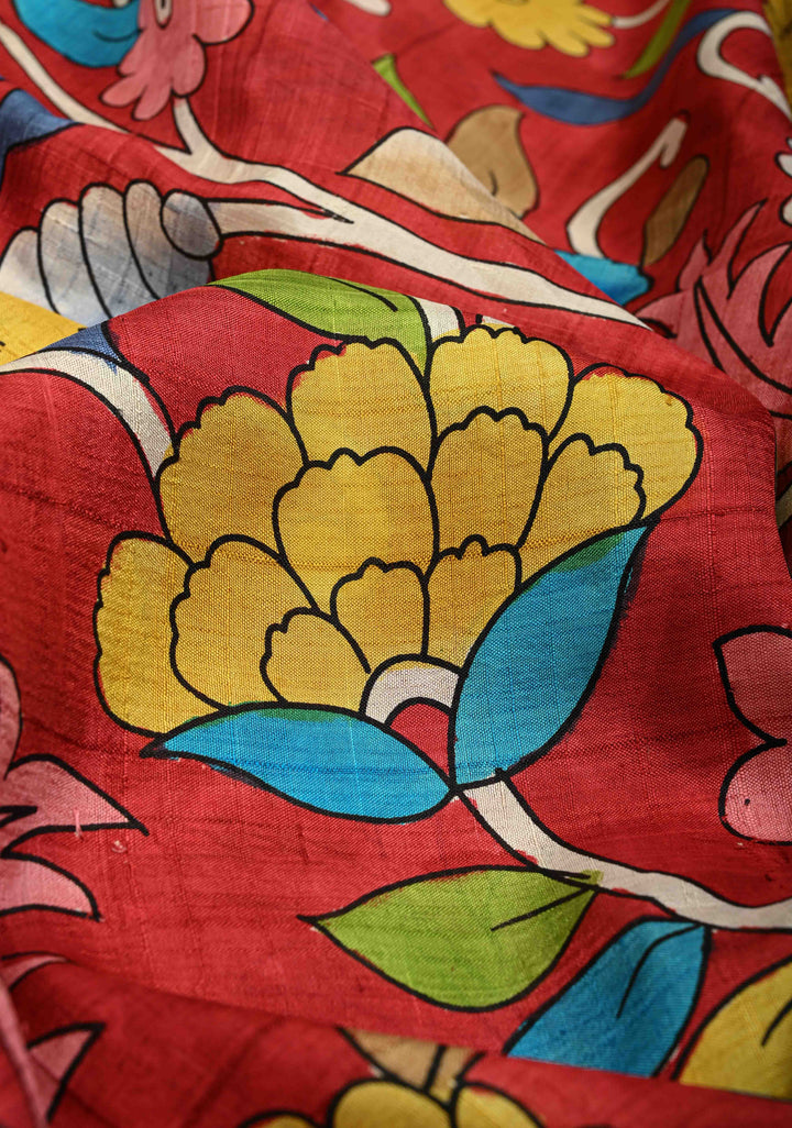 Deep Red Pure Handloom Silk saree with Hand Painted Kalamkari Design with Lace Border | SILK MARK CERTIFIED