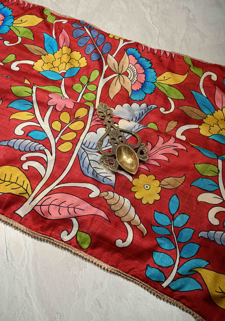 Deep Red Pure Handloom Silk saree with Hand Painted Kalamkari Design with Lace Border | SILK MARK CERTIFIED