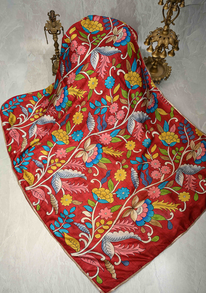 Deep Red Pure Handloom Silk saree with Hand Painted Kalamkari Design with Lace Border | SILK MARK CERTIFIED