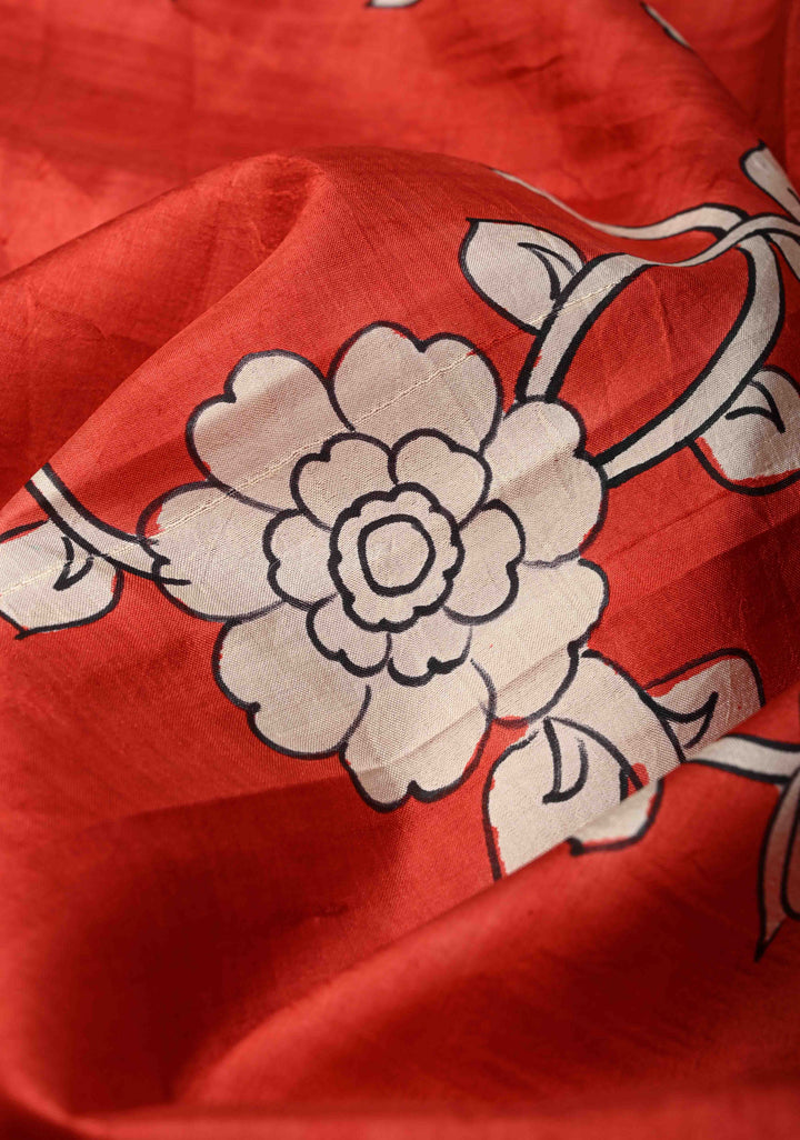 Dark Red Pure Handloom Silk Saree with Kalamkari Handpainted Floral Design and Lace Border  | SILK MARK CERTIFIED