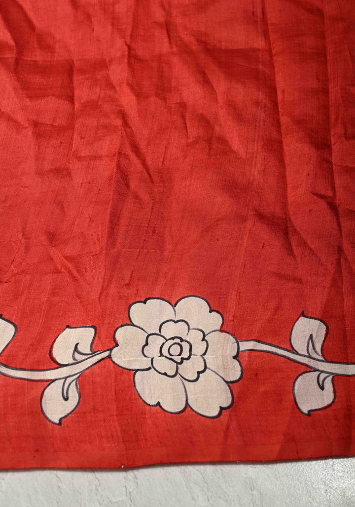 Dark Red Pure Handloom Silk Saree with Kalamkari Handpainted Floral Design and Lace Border  | SILK MARK CERTIFIED