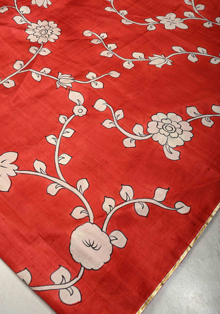 Dark Red Pure Handloom Silk Saree with Kalamkari Handpainted Floral Design and Lace Border  | SILK MARK CERTIFIED