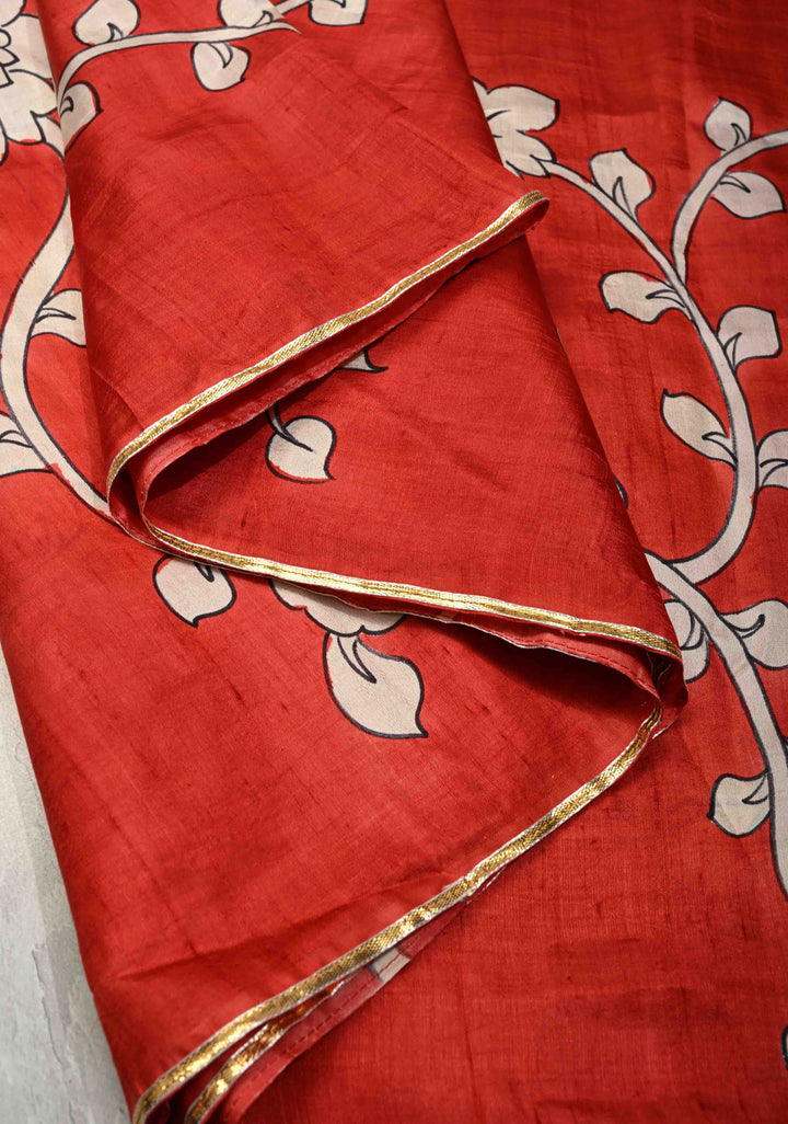 Dark Red Pure Handloom Silk Saree with Kalamkari Handpainted Floral Design and Lace Border  | SILK MARK CERTIFIED