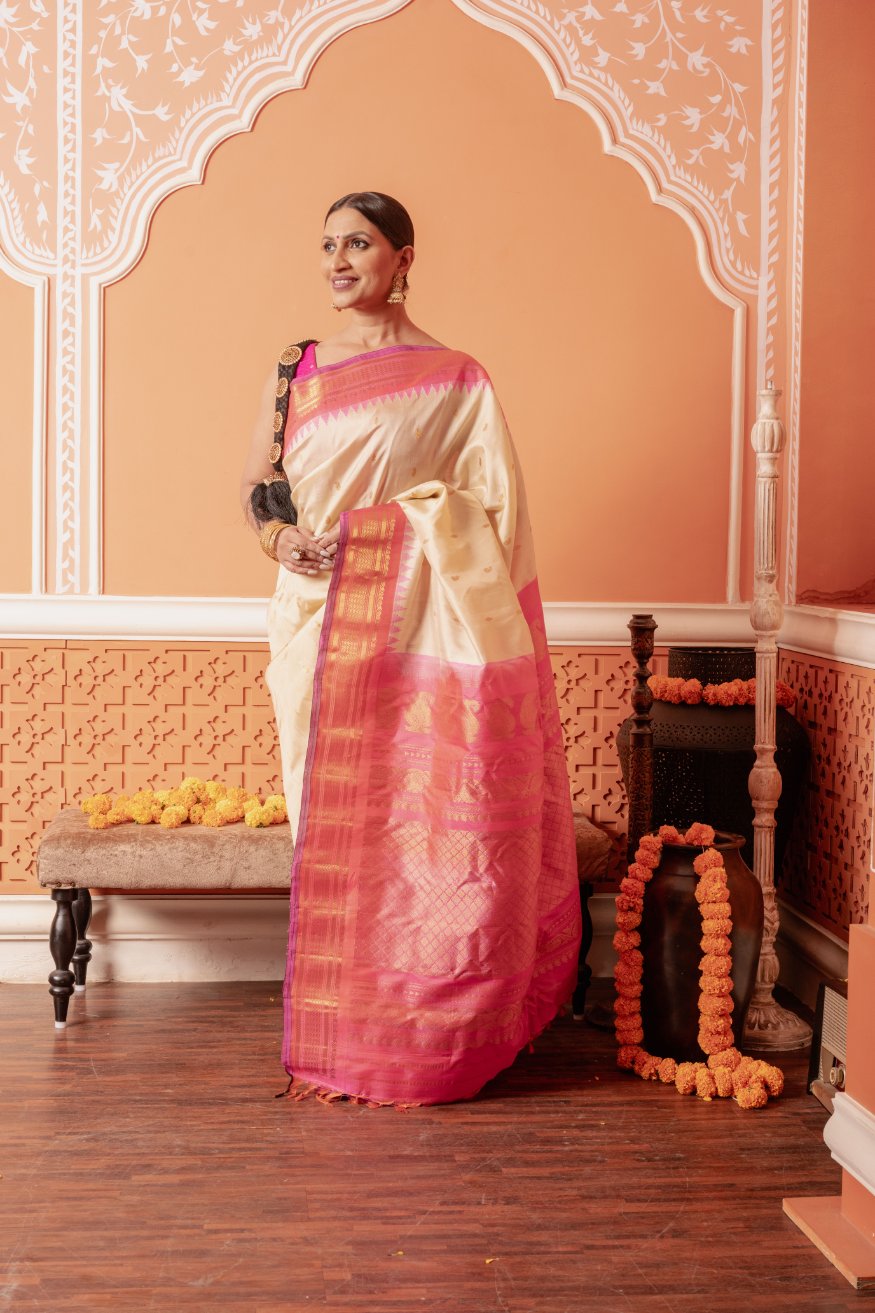Prema - Blush Pink Handwoven Gadwal Silk Saree | SILK MARK CERTIFIED | Shobitam