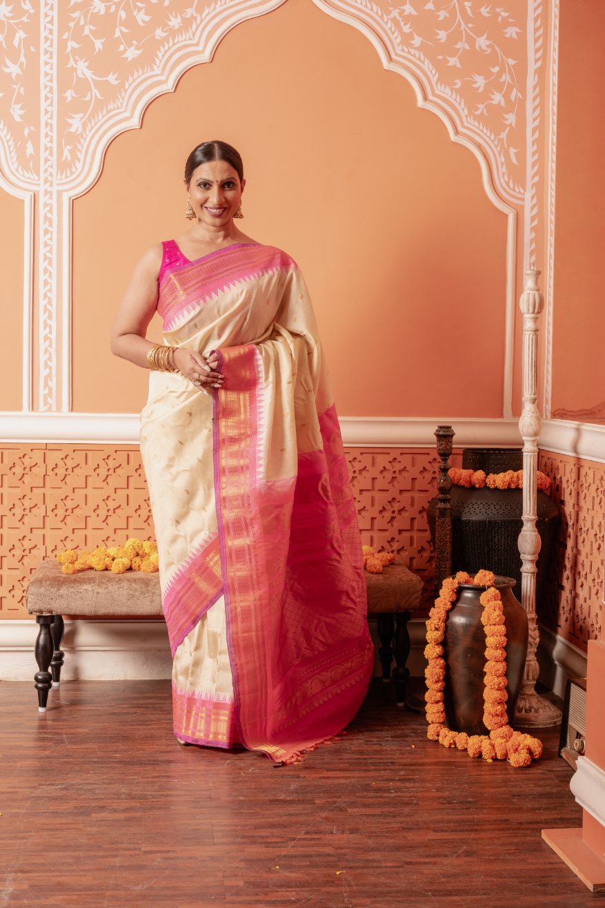 Prema - Blush Pink Handwoven Gadwal Silk Saree | SILK MARK CERTIFIED | Shobitam
