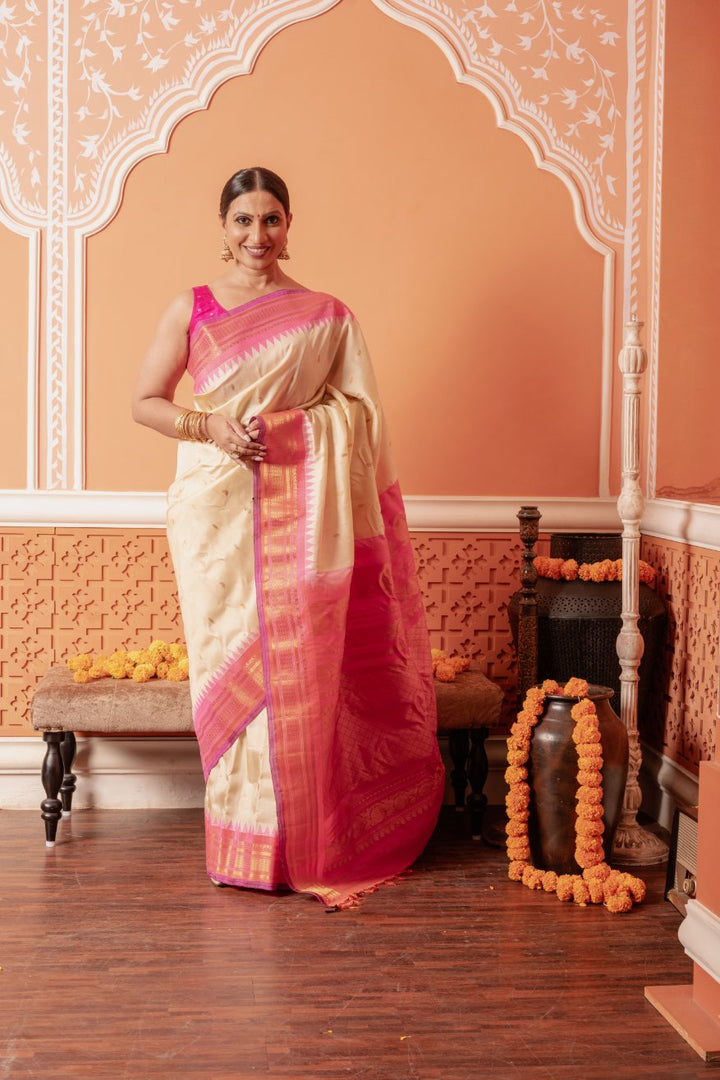 Prema - Blush Pink Handwoven Gadwal Silk Saree | SILK MARK CERTIFIED | Shobitam