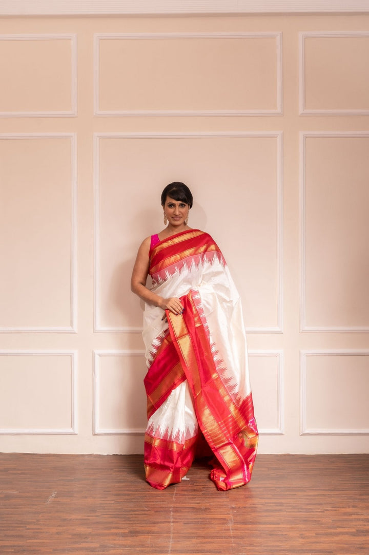 White Forest- Handwoven Pochampally Silk Saree | SILK MARK CERTIFIED | SHOBITAM