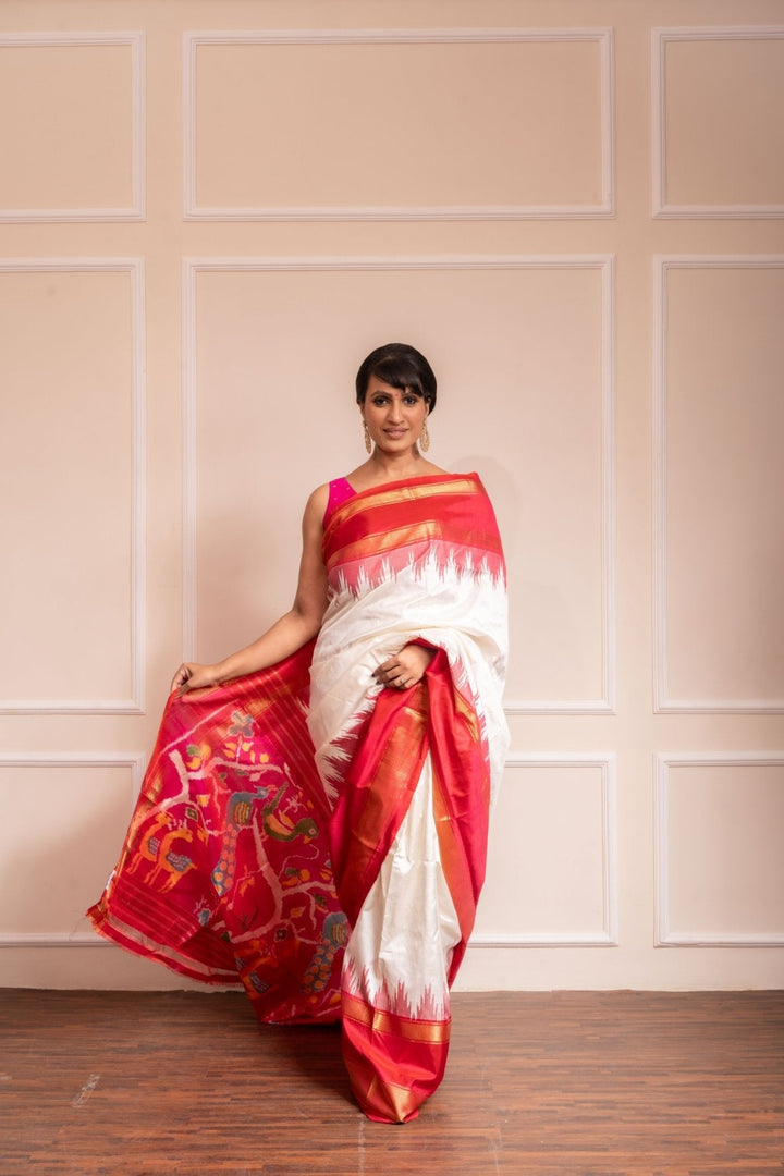 White Forest- Handwoven Pochampally Silk Saree | SILK MARK CERTIFIED | SHOBITAM