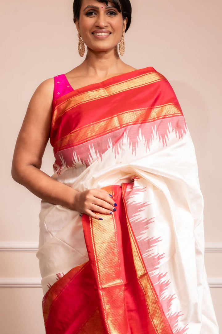 White Forest- Handwoven Pochampally Silk Saree | SILK MARK CERTIFIED | SHOBITAM