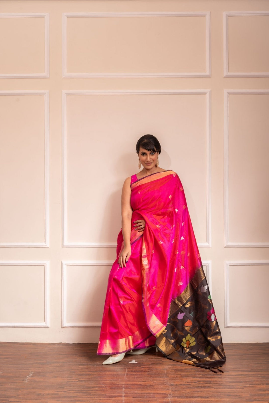 Samprada - Royal Rani Pink Handwoven Uppada Jamdani Silk Saree | SILK MARK CERTIFIED | SHOBITAM