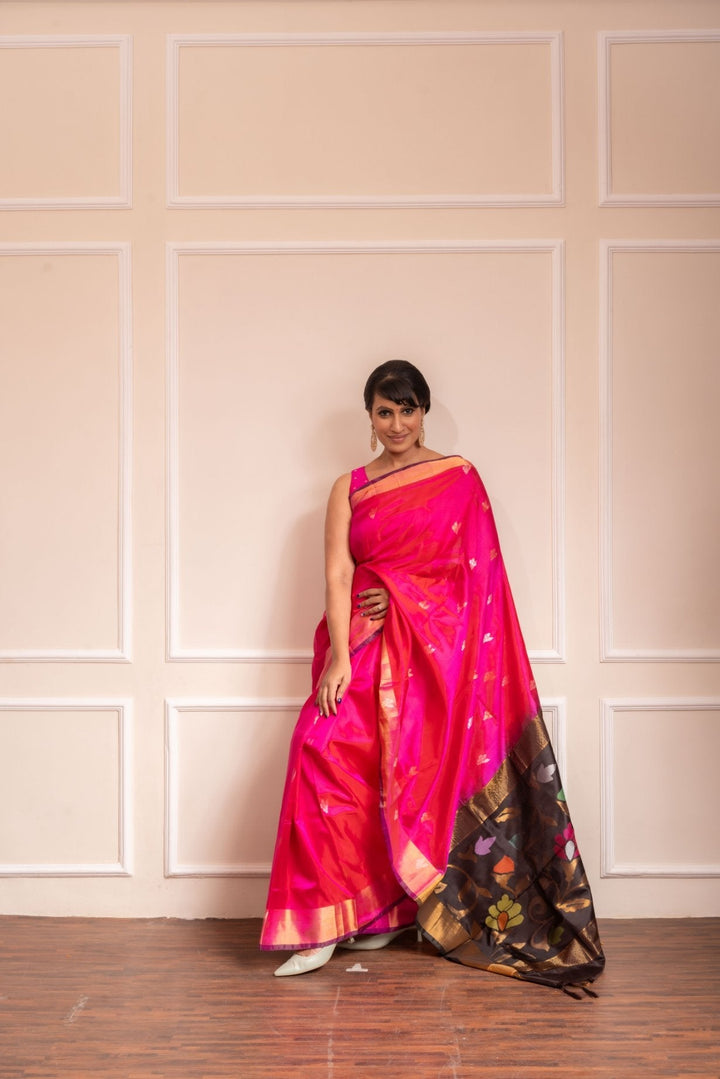 Samprada - Royal Rani Pink Handwoven Uppada Jamdani Silk Saree | SILK MARK CERTIFIED | SHOBITAM