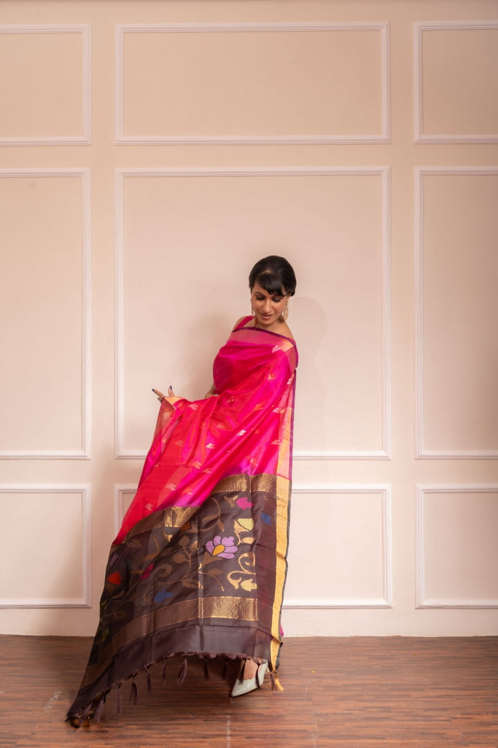 Samprada - Royal Rani Pink Handwoven Uppada Jamdani Silk Saree | SILK MARK CERTIFIED | SHOBITAM