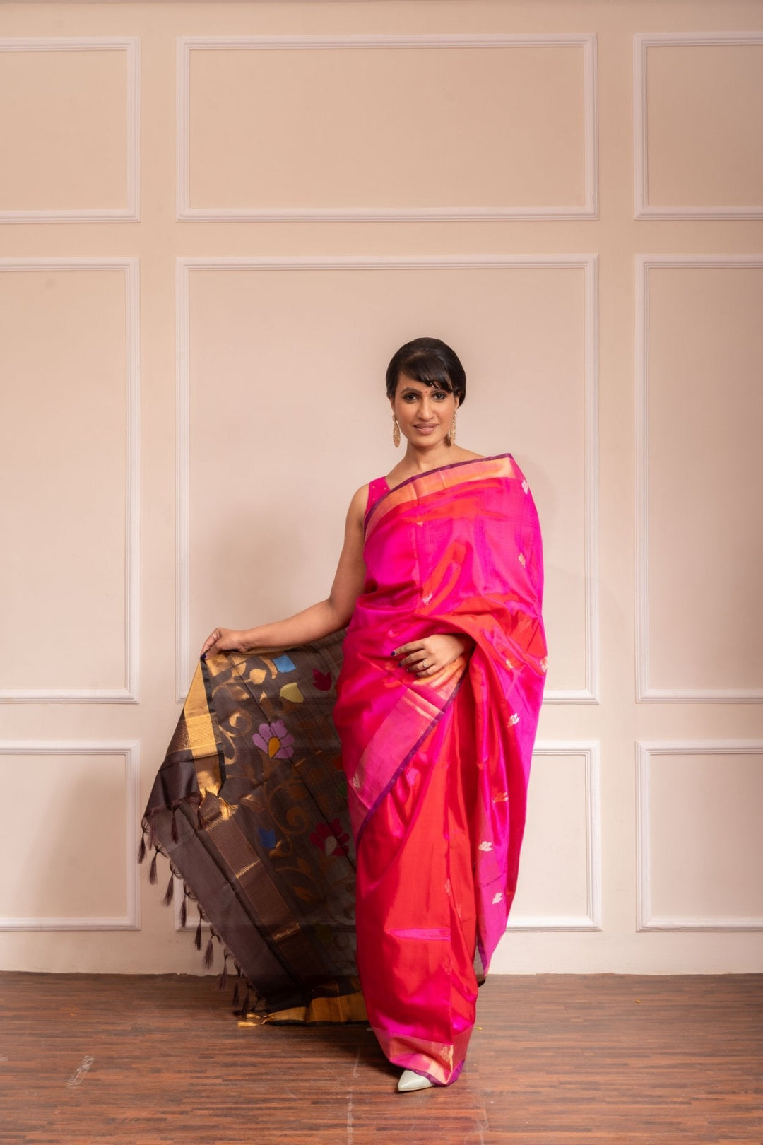 Samprada - Royal Rani Pink Handwoven Uppada Jamdani Silk Saree | SILK MARK CERTIFIED | SHOBITAM