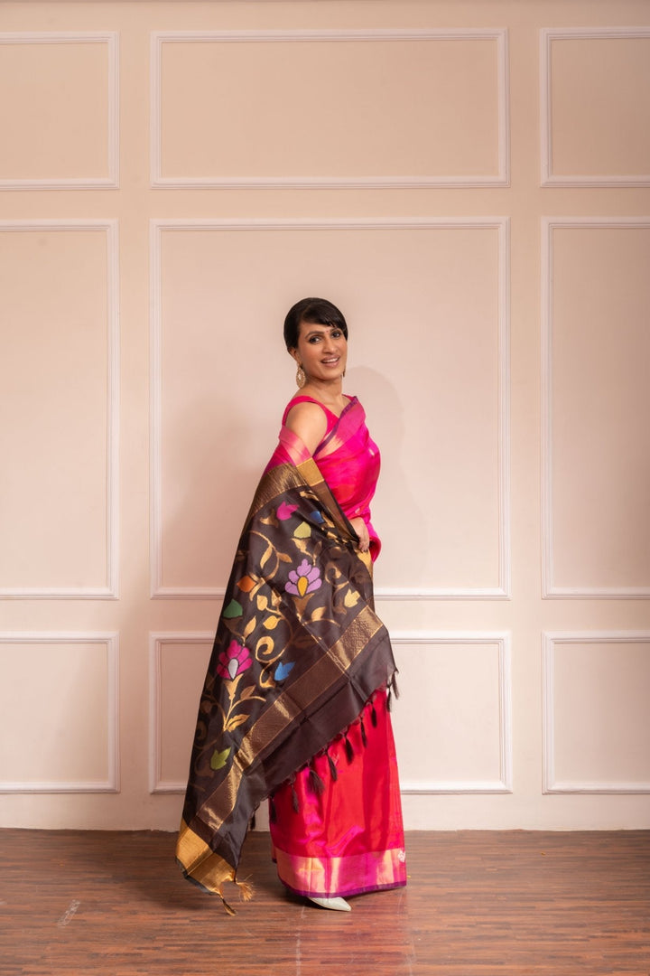 Samprada - Royal Rani Pink Handwoven Uppada Jamdani Silk Saree | SILK MARK CERTIFIED | SHOBITAM