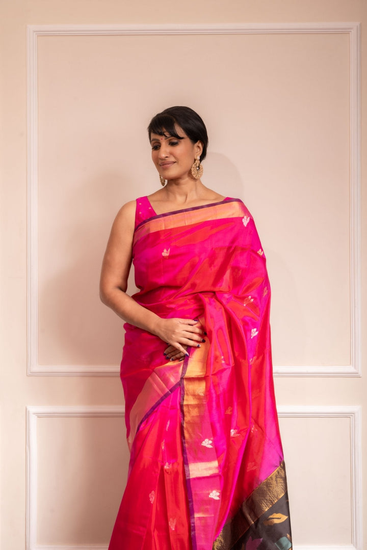 Samprada - Royal Rani Pink Handwoven Uppada Jamdani Silk Saree | SILK MARK CERTIFIED | SHOBITAM