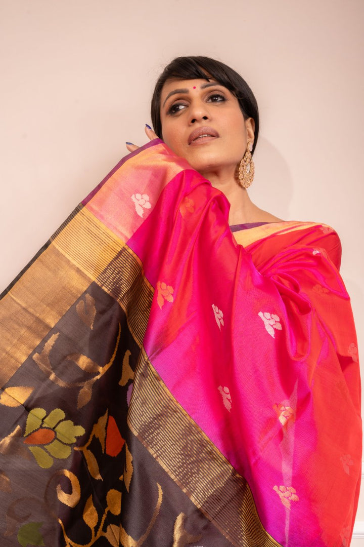 Samprada - Royal Rani Pink Handwoven Uppada Jamdani Silk Saree | SILK MARK CERTIFIED | SHOBITAM