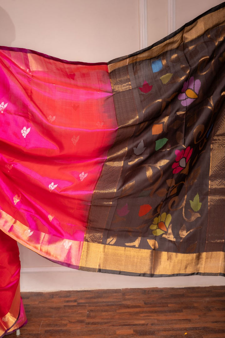 Samprada - Royal Rani Pink Handwoven Uppada Jamdani Silk Saree | SILK MARK CERTIFIED | SHOBITAM