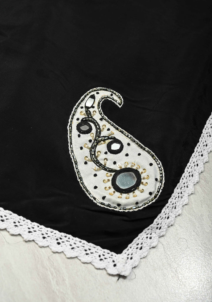 Black Modal Silk Saree with Hand Crafted Cutdana, Sequins and Moti,Mirror Work In Paisley Design With Lace Border