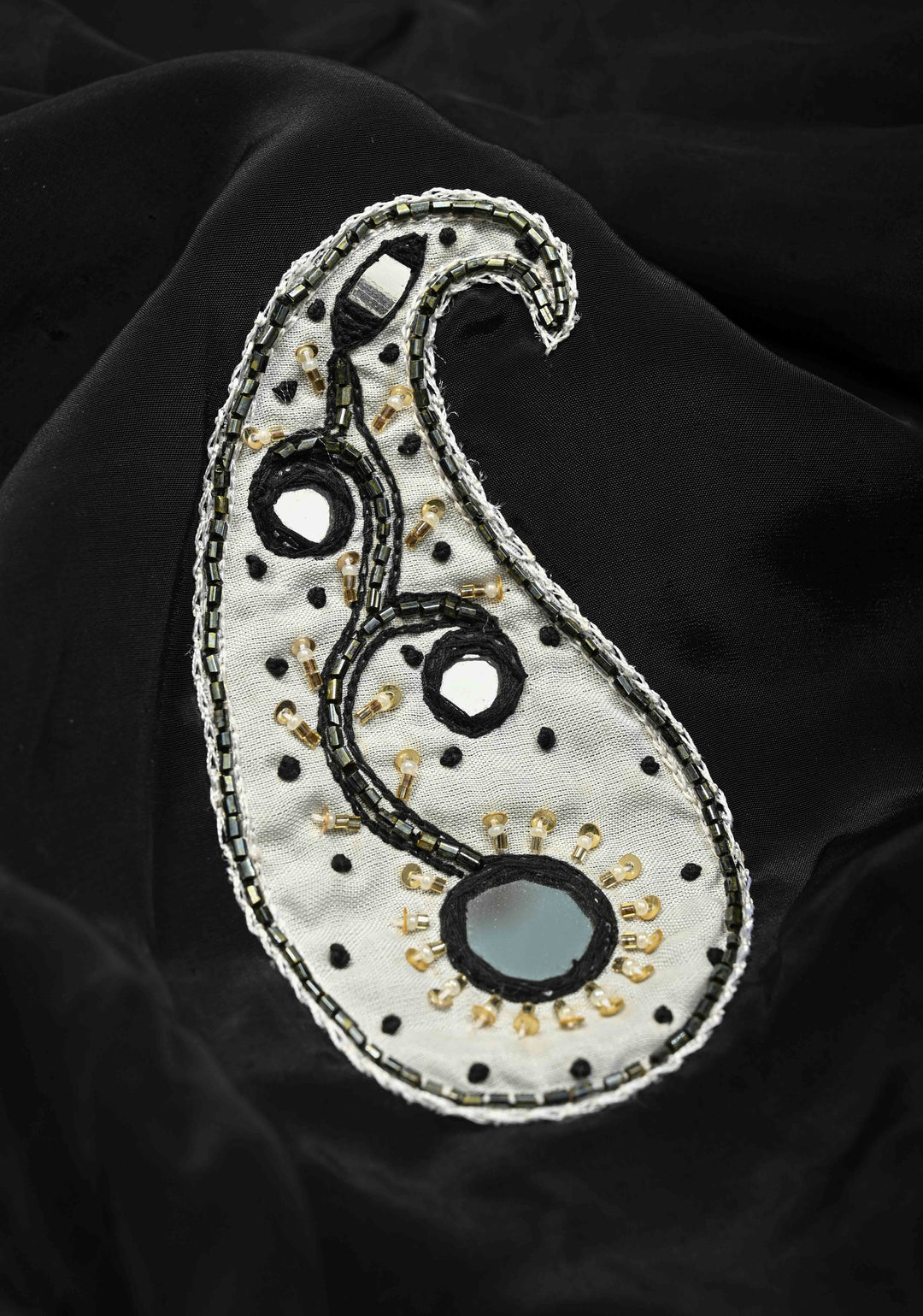 Black Modal Silk Saree with Hand Crafted Cutdana, Sequins and Moti,Mirror Work In Paisley Design With Lace Border