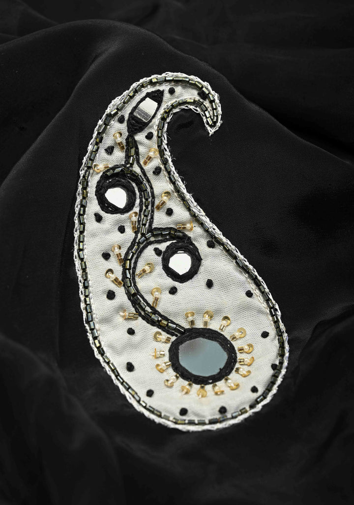 Black Modal Silk Saree with Hand Crafted Cutdana, Sequins and Moti,Mirror Work In Paisley Design With Lace Border