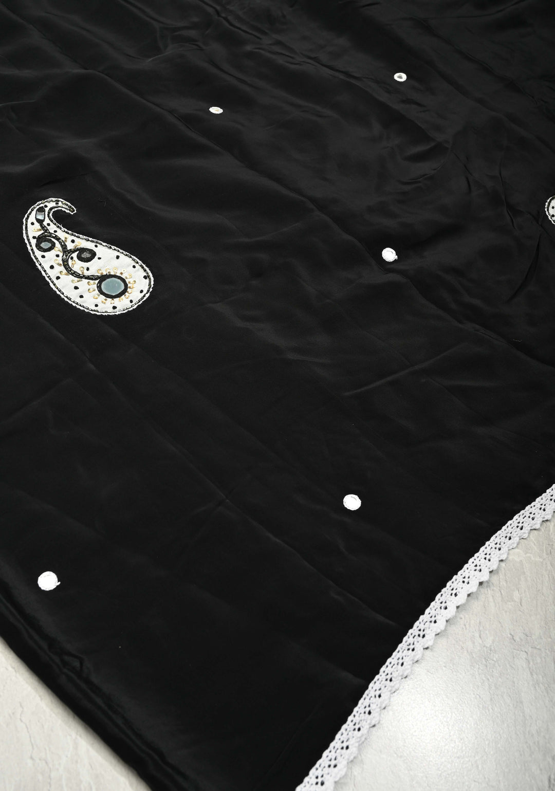 Black Modal Silk Saree with Hand Crafted Cutdana, Sequins and Moti,Mirror Work In Paisley Design With Lace Border