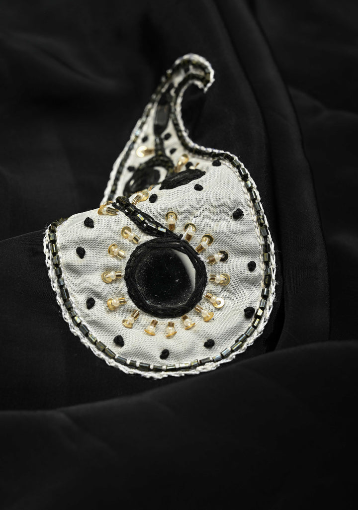 Black Modal Silk Saree with Hand Crafted Cutdana, Sequins and Moti,Mirror Work In Paisley Design With Lace Border