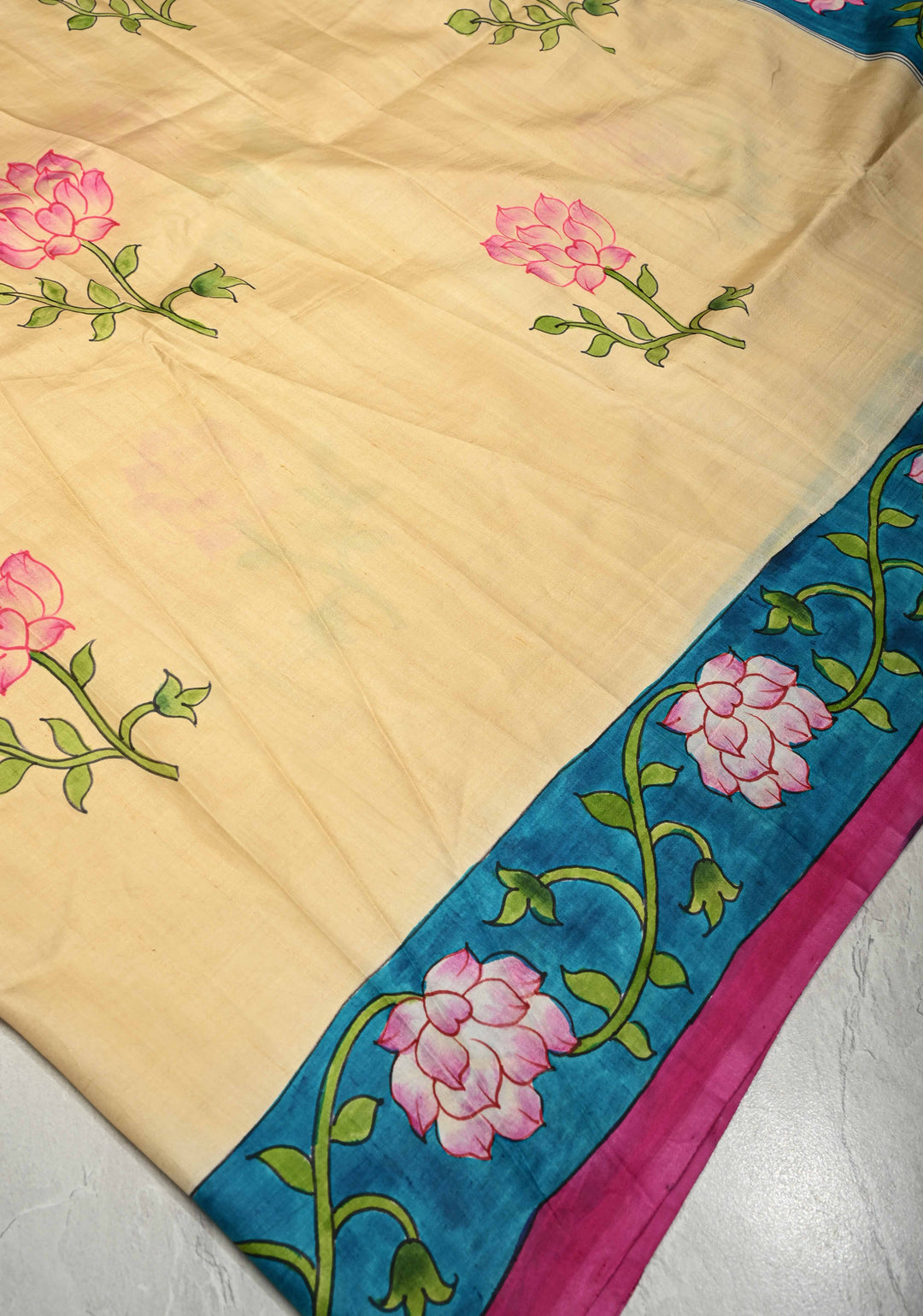 Beige Pure  Bishnupuri Silk Saree with PIchwai Design Lotus Hand Painted details | SILK MARK CERTIFIED