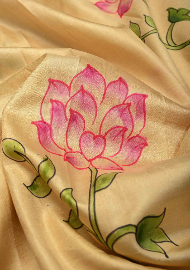 Beige Pure  Bishnupuri Silk Saree with PIchwai Design Lotus Hand Painted details | SILK MARK CERTIFIED