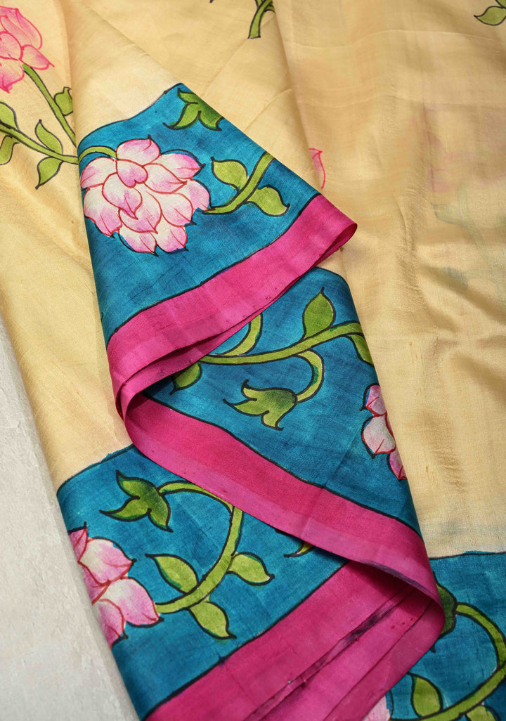 Beige Pure  Bishnupuri Silk Saree with PIchwai Design Lotus Hand Painted details | SILK MARK CERTIFIED