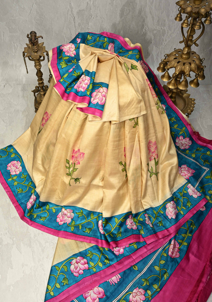 Beige Pure  Bishnupuri Silk Saree with PIchwai Design Lotus Hand Painted details | SILK MARK CERTIFIED