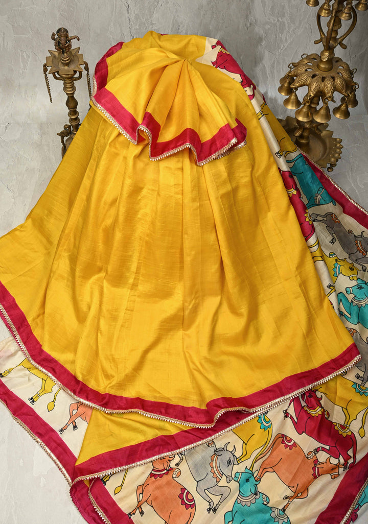 Yellow Pure Bishnupuri Silk Saree with Pichwai Hand Painted on Pallu and Gotta Border | SILK MARK CERTIFIED