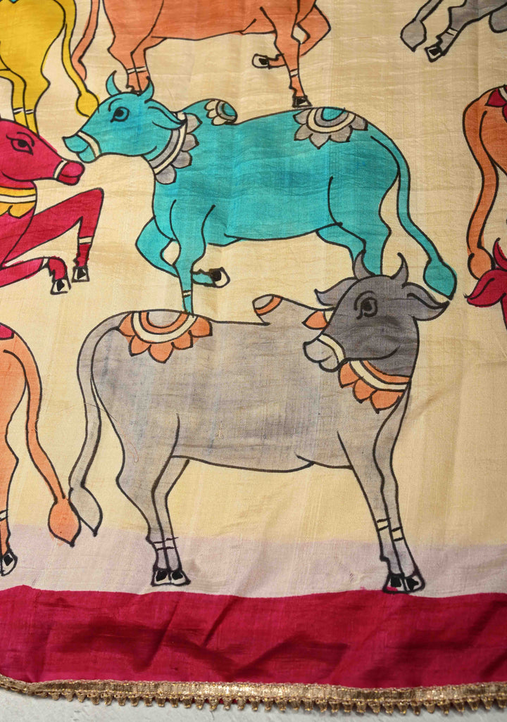 Yellow Pure Bishnupuri Silk Saree with Pichwai Hand Painted on Pallu and Gotta Border | SILK MARK CERTIFIED