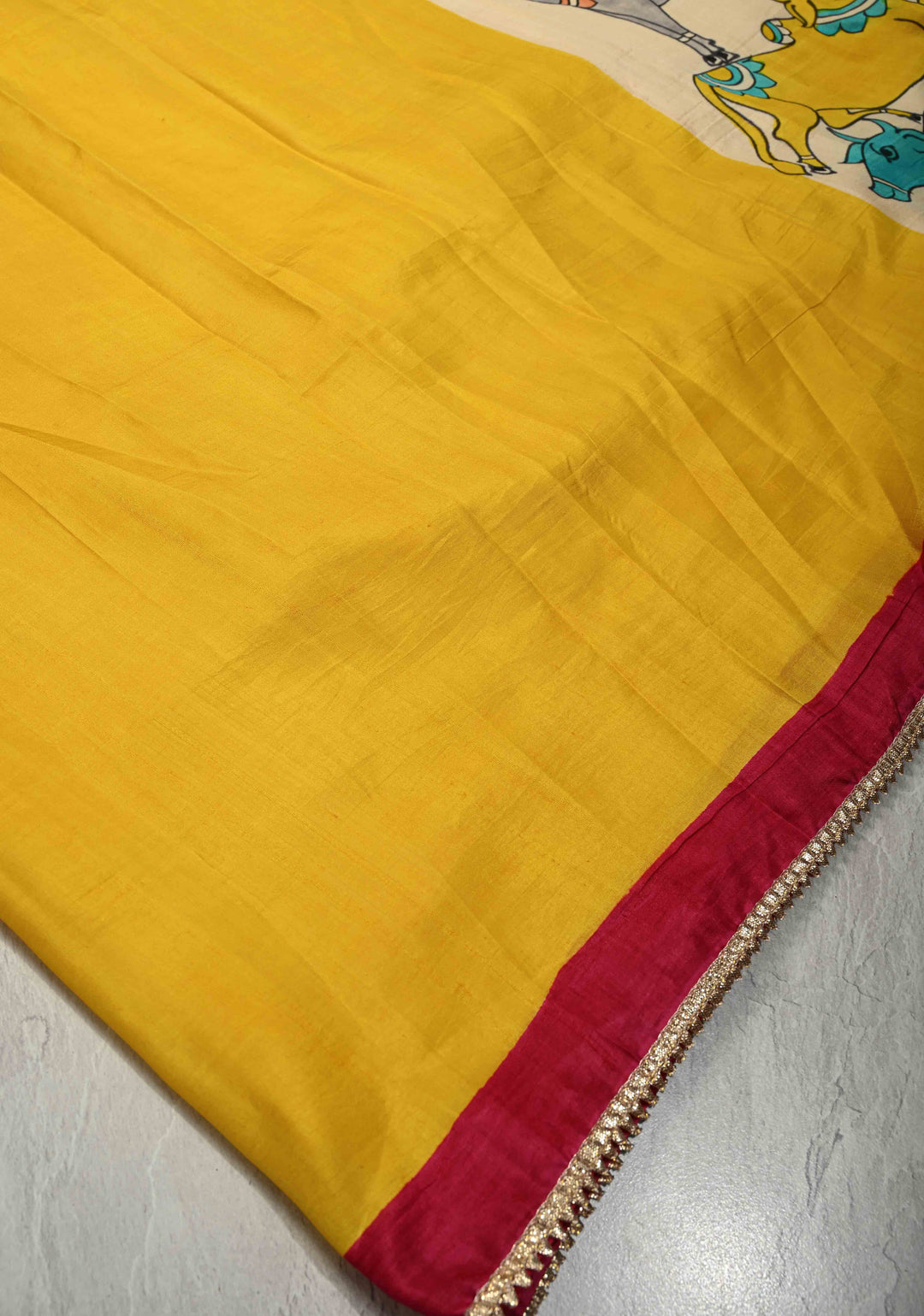 Yellow Pure Bishnupuri Silk Saree with Pichwai Hand Painted on Pallu and Gotta Border | SILK MARK CERTIFIED