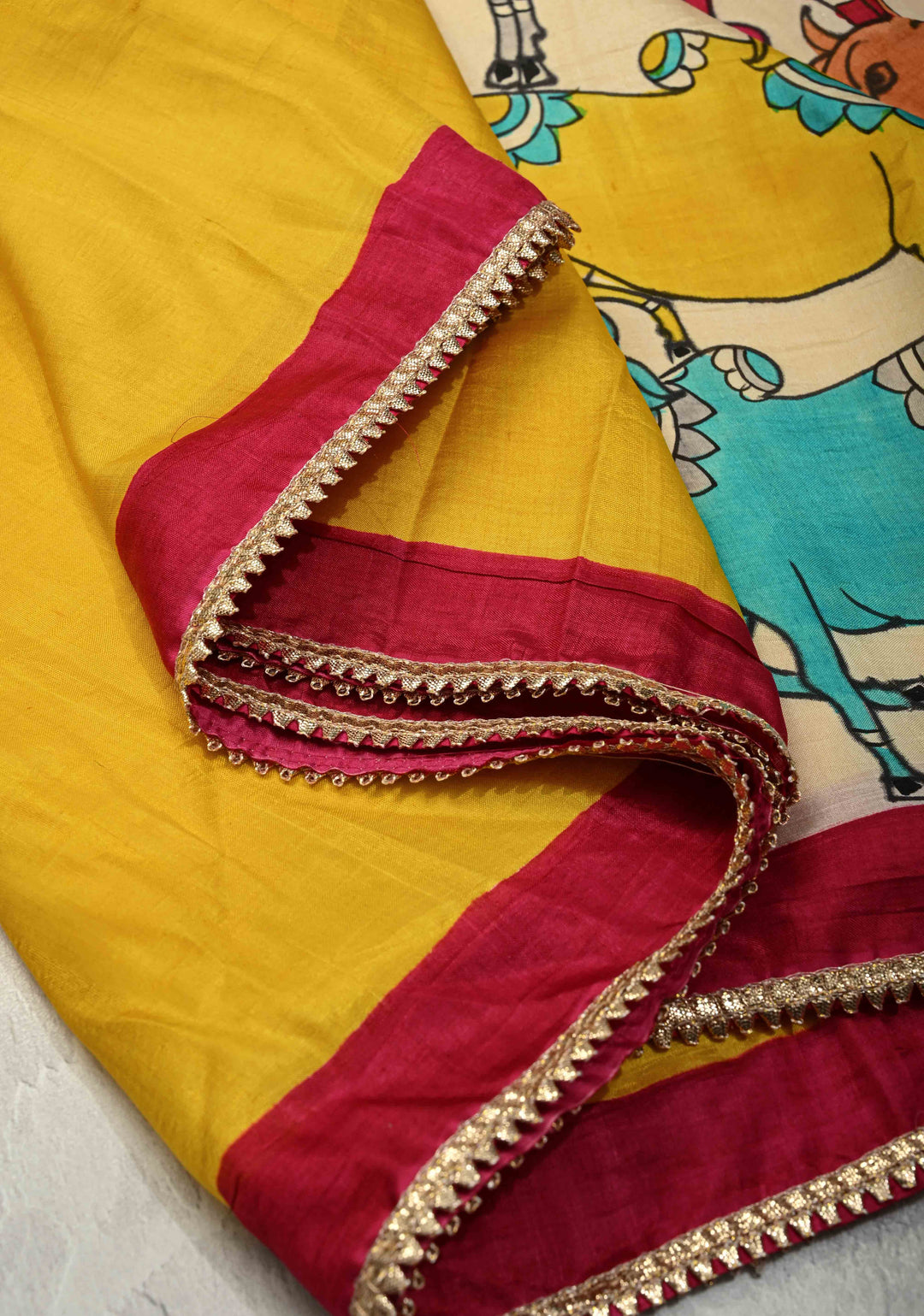 Yellow Pure Bishnupuri Silk Saree with Pichwai Hand Painted on Pallu and Gotta Border | SILK MARK CERTIFIED