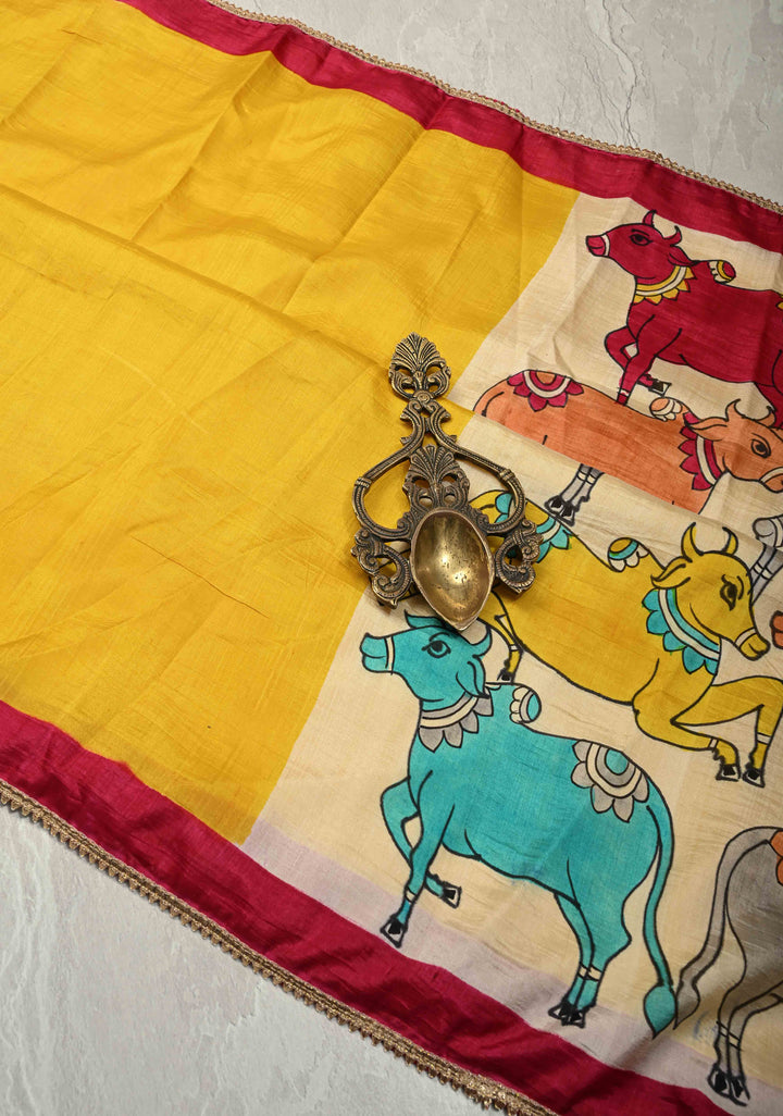 Yellow Pure Bishnupuri Silk Saree with Pichwai Hand Painted on Pallu and Gotta Border | SILK MARK CERTIFIED