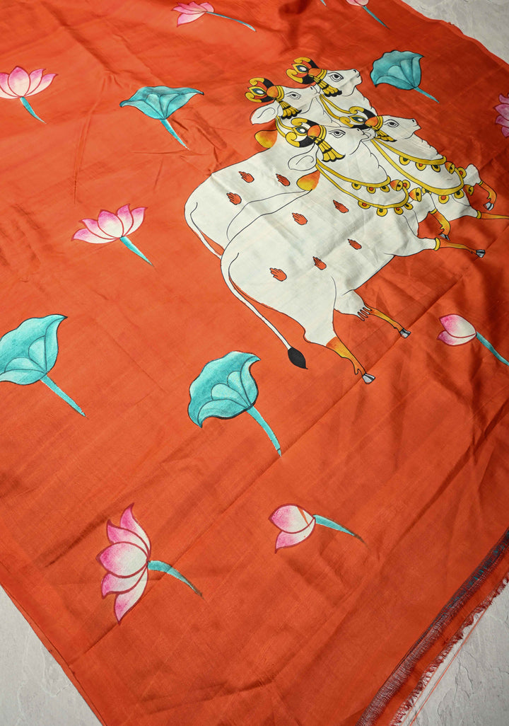 Orange Pure Handloom Silk Saree with Lotus Hand Painted and Nandi Motifs on Pallu | SILK MARK CERTIFIED