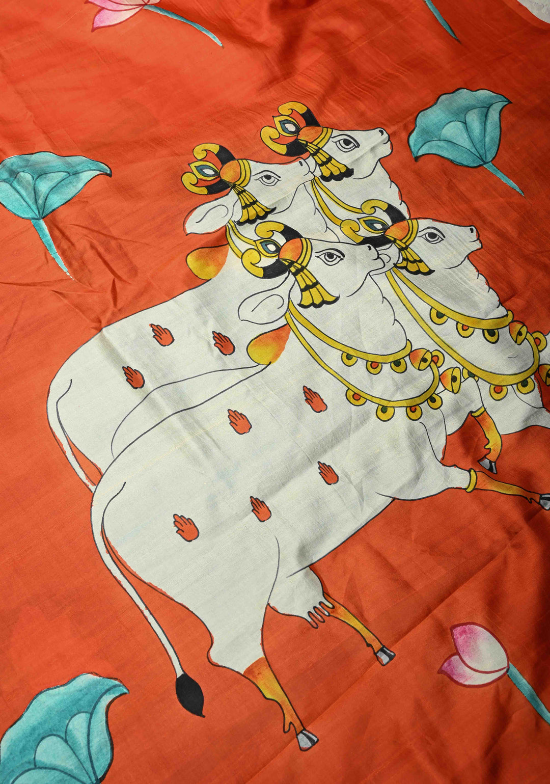 Orange Pure Handloom Silk Saree with Lotus Hand Painted and Nandi Motifs on Pallu | SILK MARK CERTIFIED