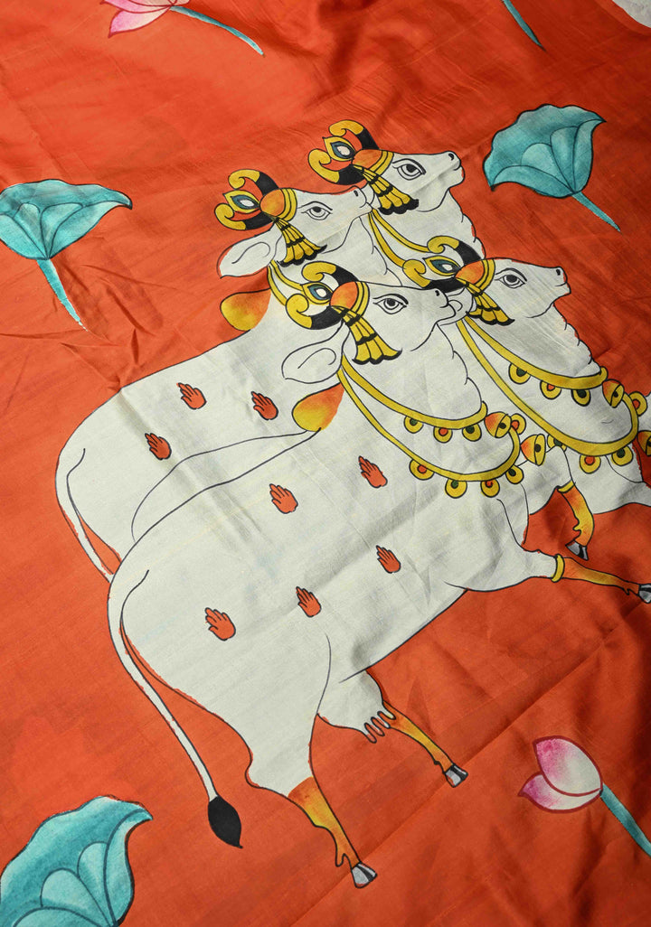 Orange Pure Handloom Silk Saree with Lotus Hand Painted and Nandi Motifs on Pallu | SILK MARK CERTIFIED