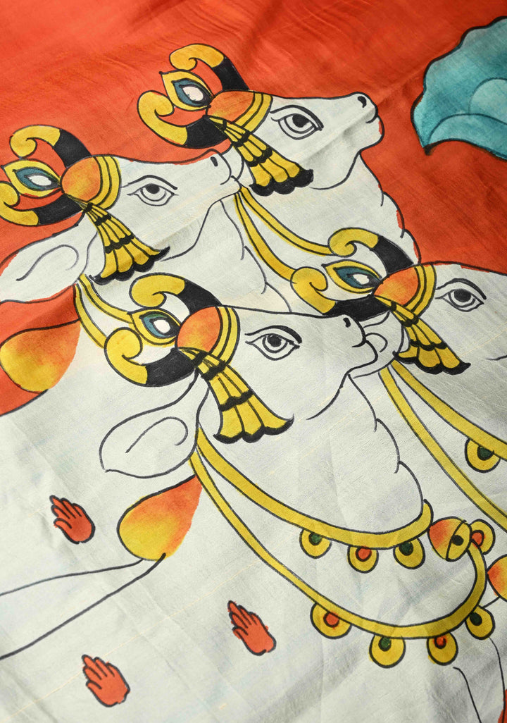 Orange Pure Handloom Silk Saree with Lotus Hand Painted and Nandi Motifs on Pallu | SILK MARK CERTIFIED