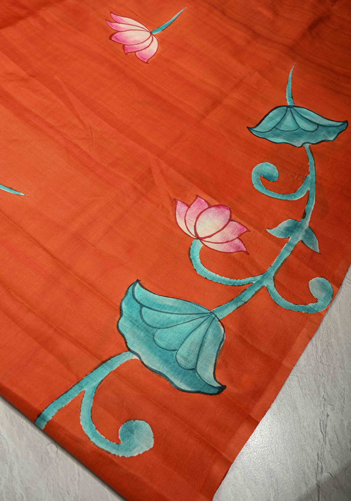 Orange Pure Handloom Silk Saree with Lotus Hand Painted and Nandi Motifs on Pallu | SILK MARK CERTIFIED