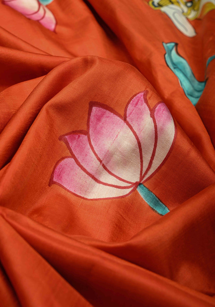 Orange Pure Handloom Silk Saree with Lotus Hand Painted and Nandi Motifs on Pallu | SILK MARK CERTIFIED