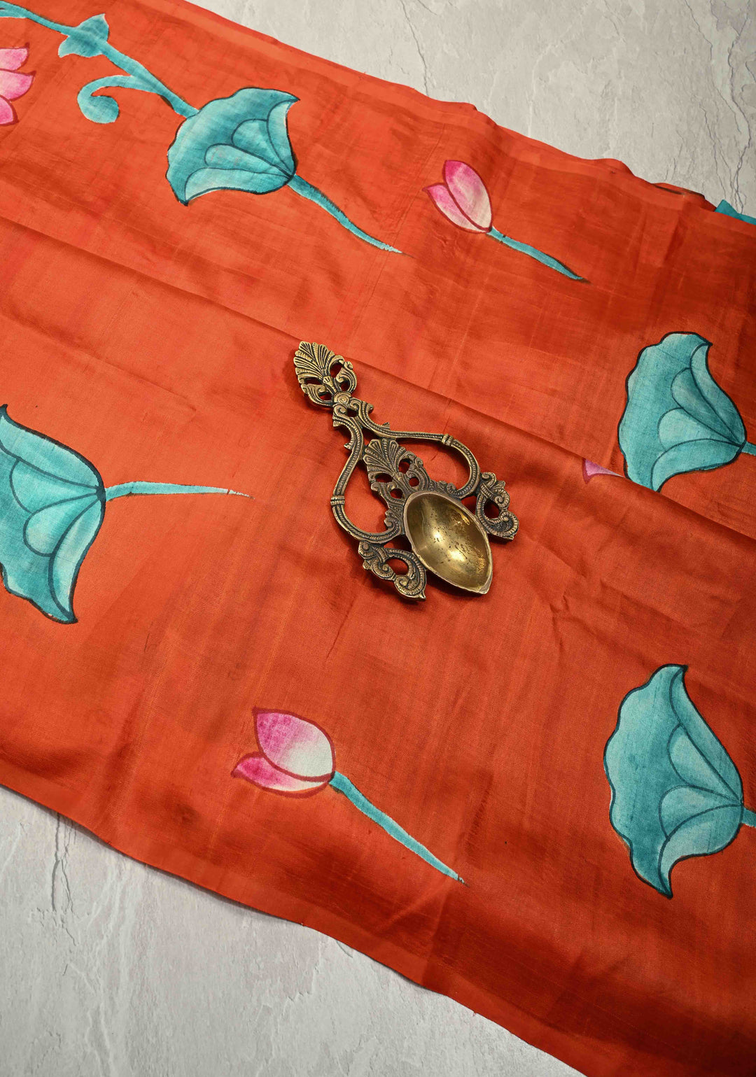 Orange Pure Handloom Silk Saree with Lotus Hand Painted and Nandi Motifs on Pallu | SILK MARK CERTIFIED