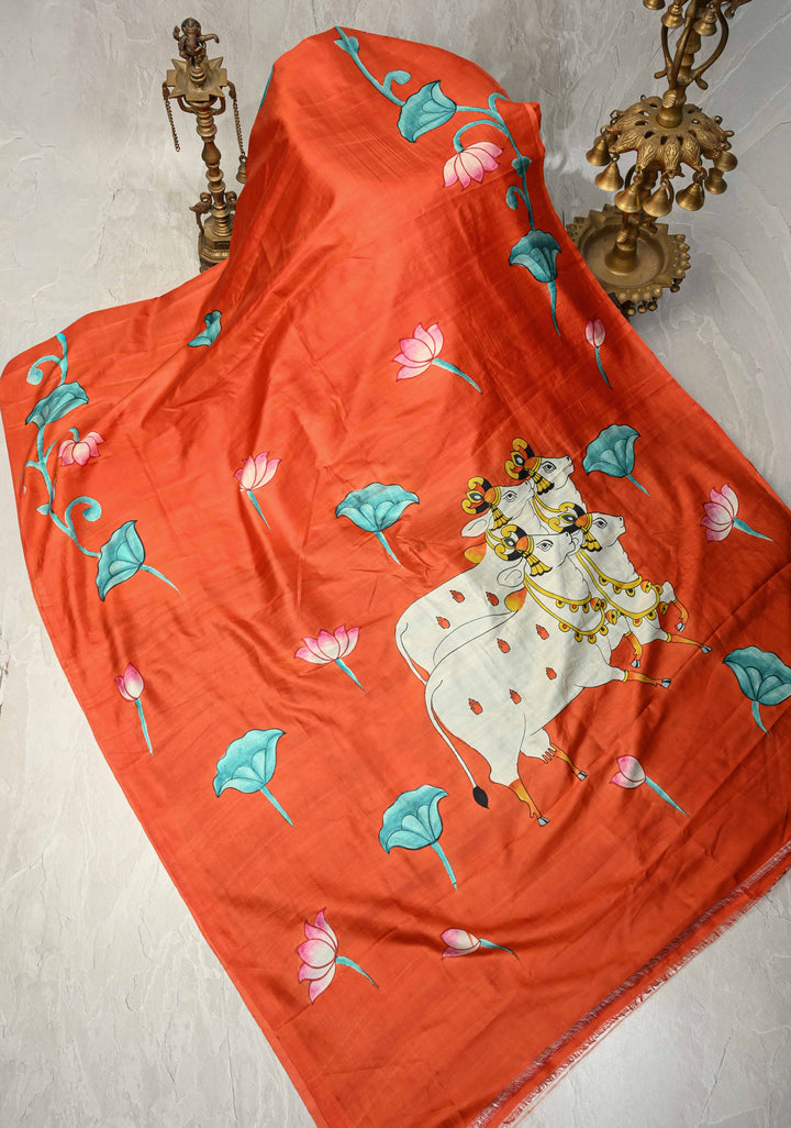 Orange Pure Handloom Silk Saree with Lotus Hand Painted and Nandi Motifs on Pallu | SILK MARK CERTIFIED