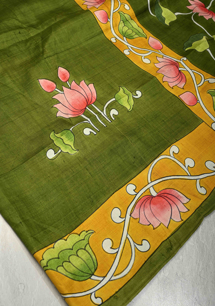 Green Pure Handloom Silk saree with Hand Painted Pichwai Design | SILK MARK CERTIFIED