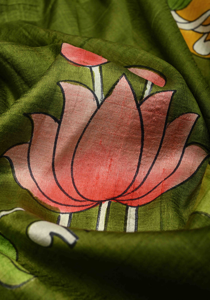 Green Pure Handloom Silk saree with Hand Painted Pichwai Design | SILK MARK CERTIFIED