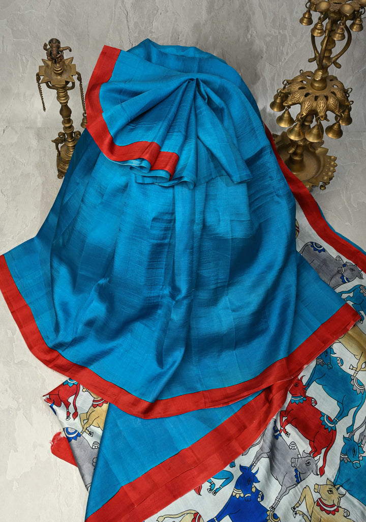 Ananda Blue Pure Handloom Silk saree with Pichwai Hand Painted on Pallu | SILK MARK CERTIFIED