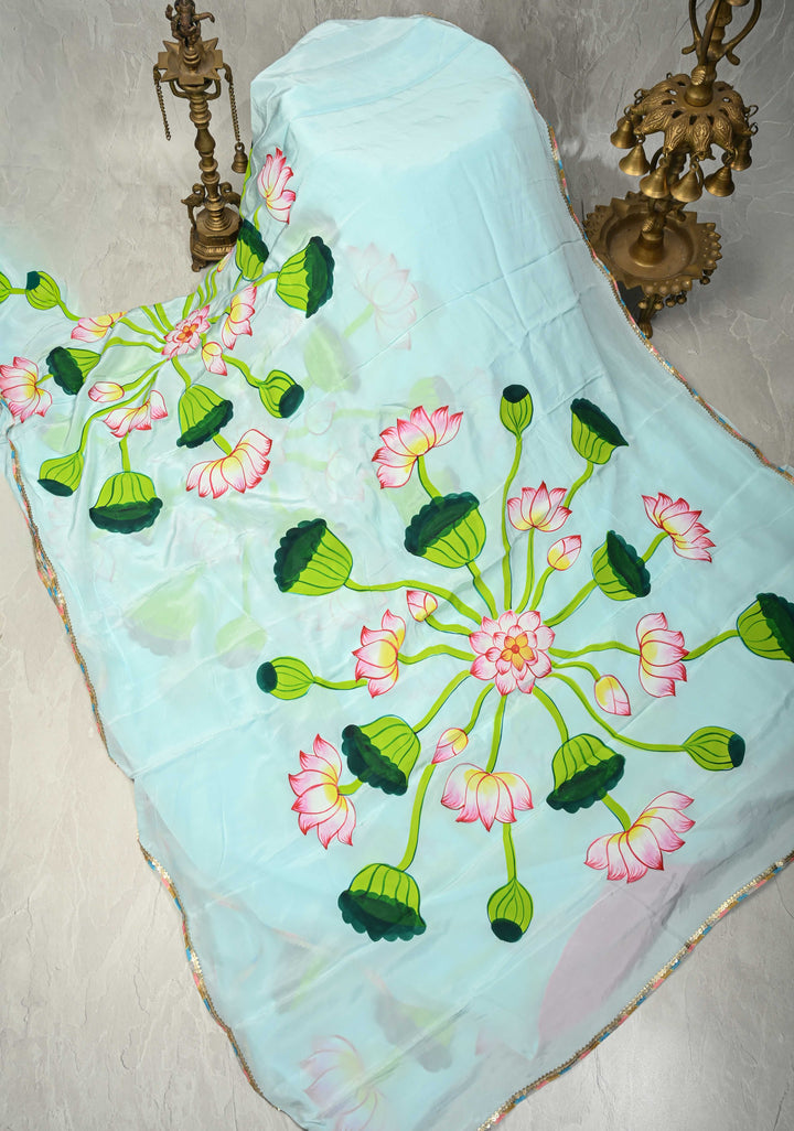 Powder Blue Modal Silk Saree with Lotus Floral Hand Painted and Gotta Lace Border