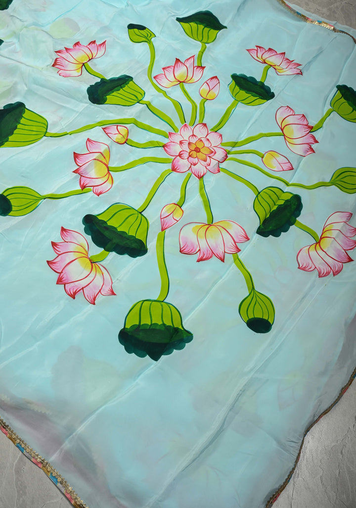 Powder Blue Modal Silk Saree with Lotus Floral Hand Painted and Gotta Lace Border