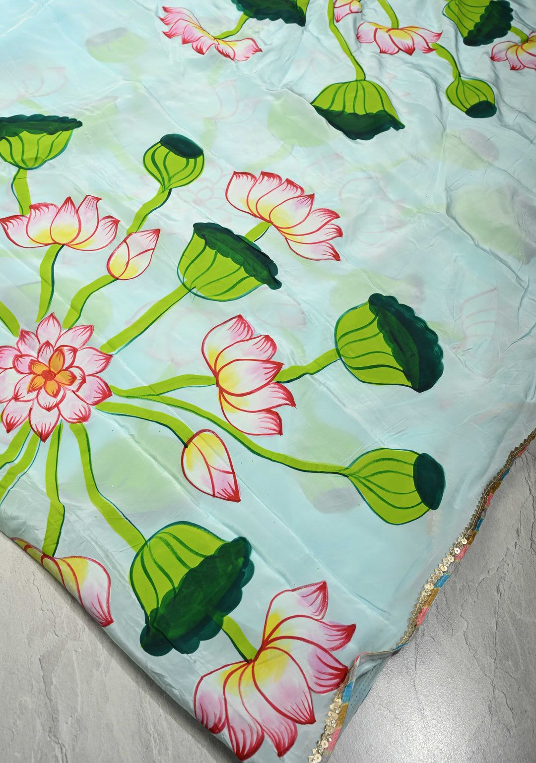 Powder Blue Modal Silk Saree with Lotus Floral Hand Painted and Gotta Lace Border